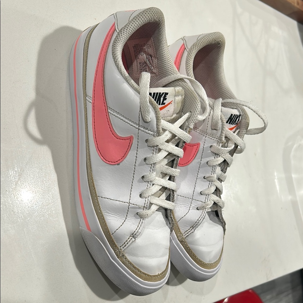 Nike White and Pink Low-Top Sneakers with Leather Upper